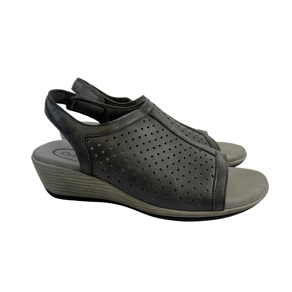Orthofeet Hazel Wedge Sandal Gray Perforated Faux Leather Comfort 62021 Womens 7
